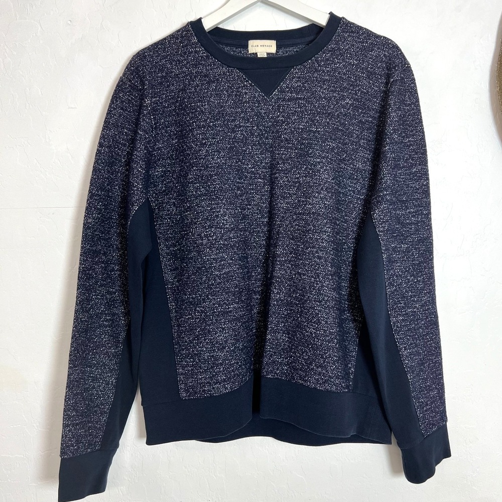 Club Monaco Men's Size L Marled Navy Crewneck Sweatshirt Wool Cotton Blend 🧶